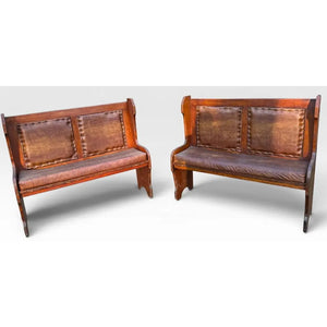 Pair of Antique Architectural Church Pew Benches, Turn of the Century Country Pine Two-Seater Settles