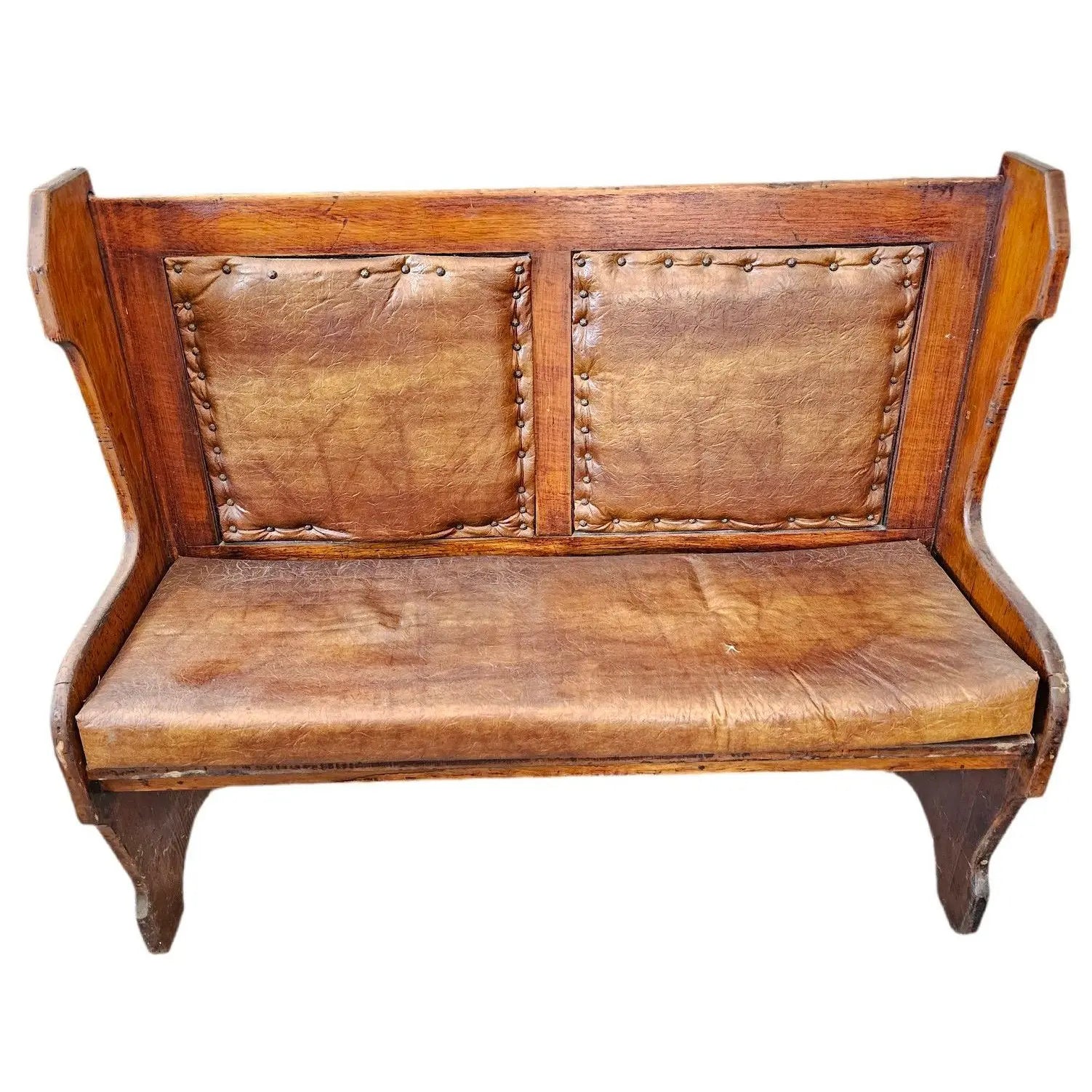 Pair of Antique Architectural Church Pew Benches, Turn of the Century Country Pine Two-Seater Settles