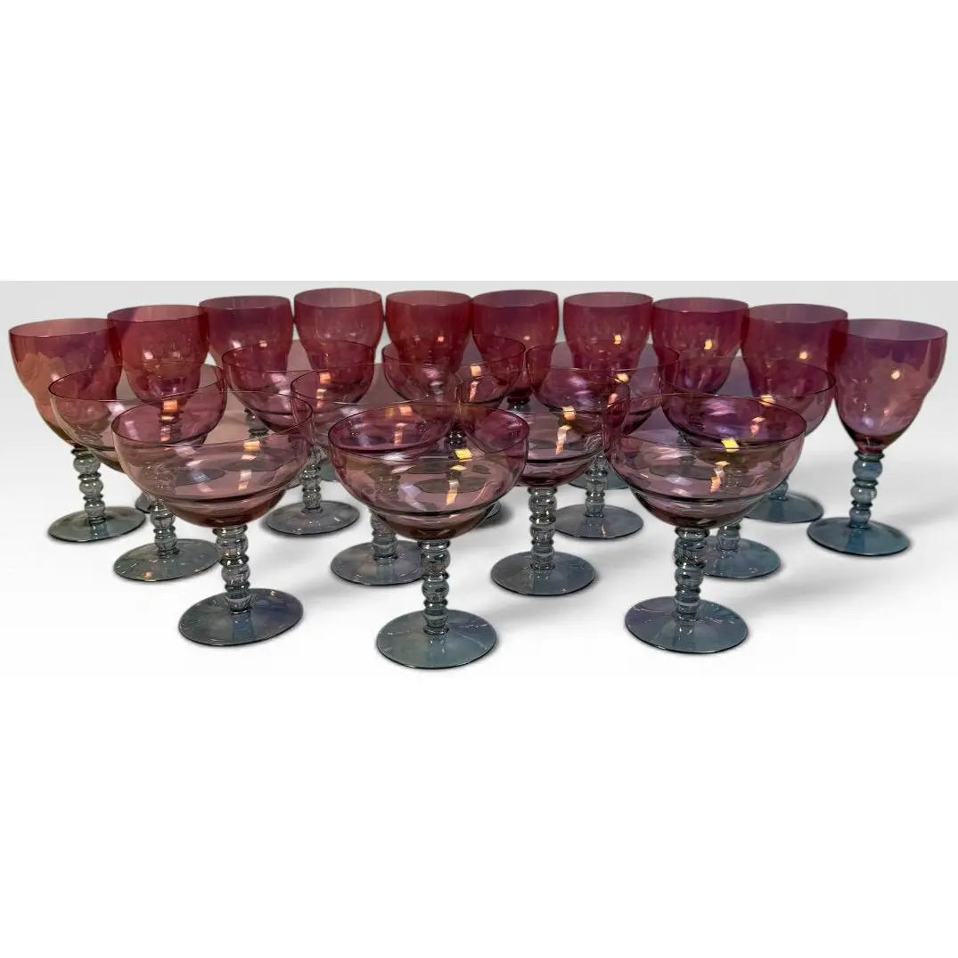 Vintage Mid-Century Cranberry Pink and Clear Art Glass Stemware Lot of 20