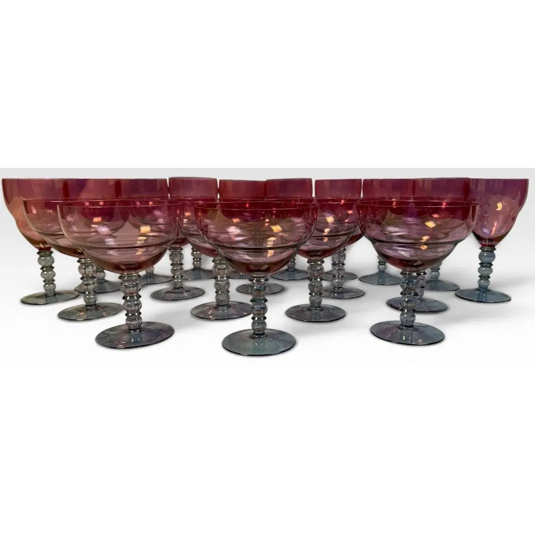 Vintage Mid-Century Cranberry Pink and Clear Art Glass Stemware Lot of 20