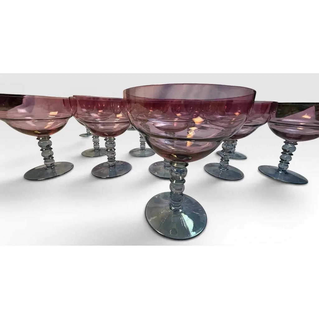 Vintage Mid-Century Cranberry Pink and Clear Art Glass Stemware Lot of 20