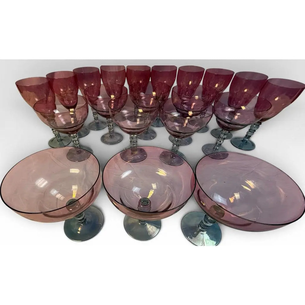 Vintage Mid-Century Cranberry Pink and Clear Art Glass Stemware Lot of 20