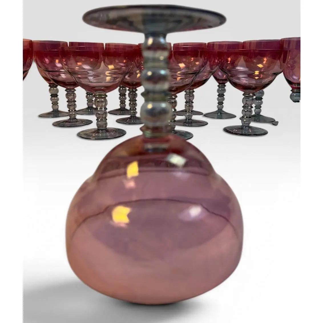 Vintage Mid-Century Cranberry Pink and Clear Art Glass Stemware Lot of 20