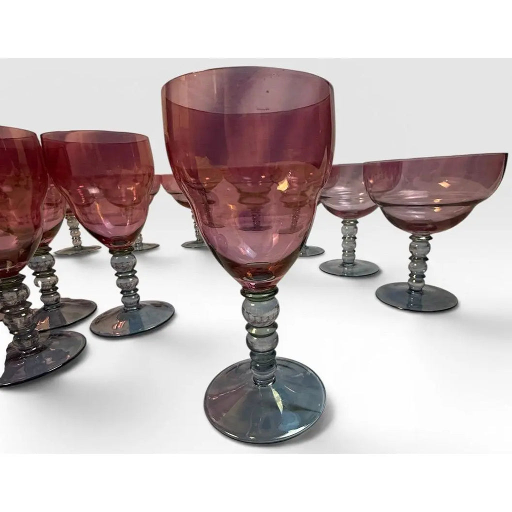 Vintage Mid-Century Cranberry Pink and Clear Art Glass Stemware Lot of 20