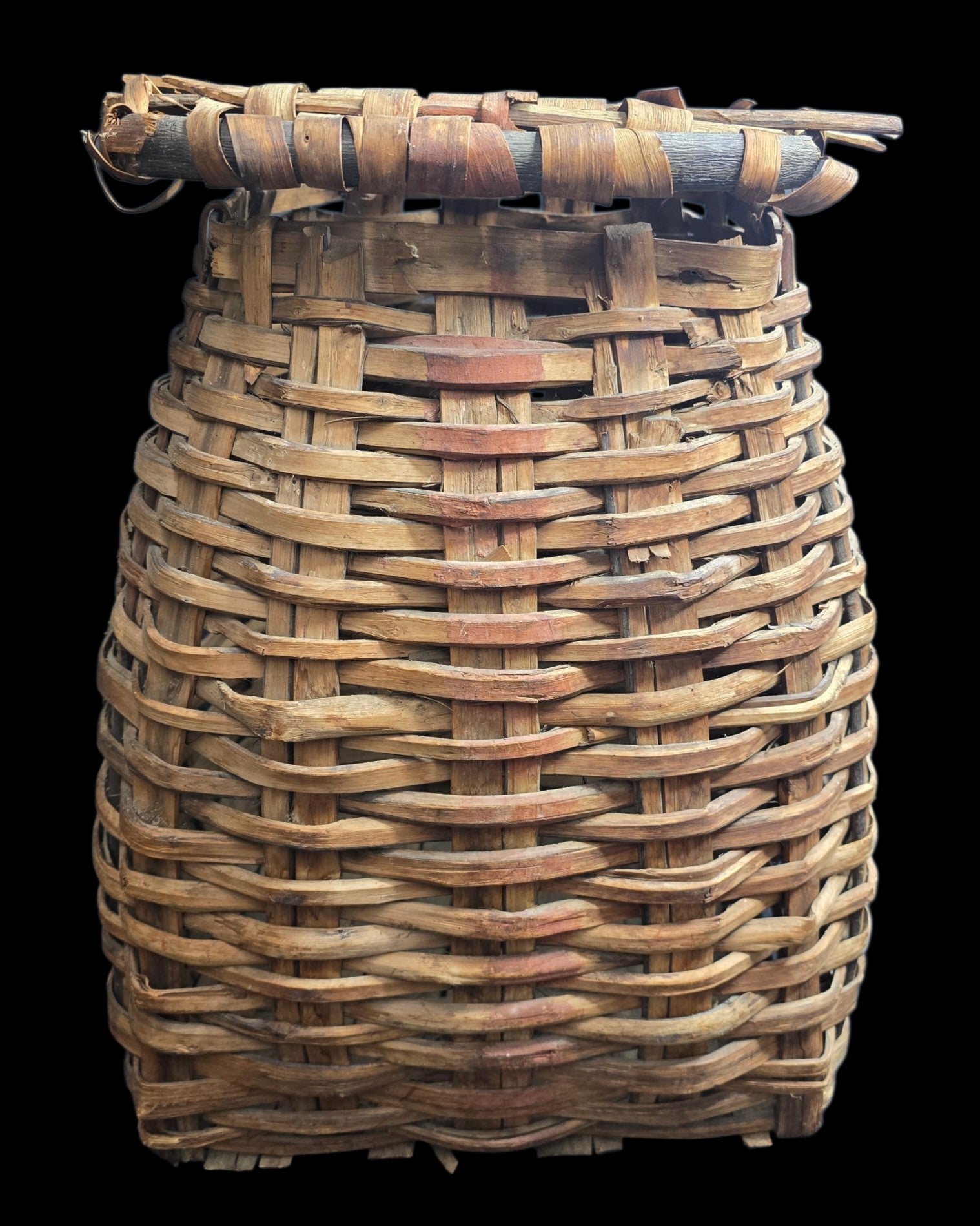 Antique Northeast Woodlands Style Lidded Pack Basket Heavy Splint Black Ash Gathering Vessel