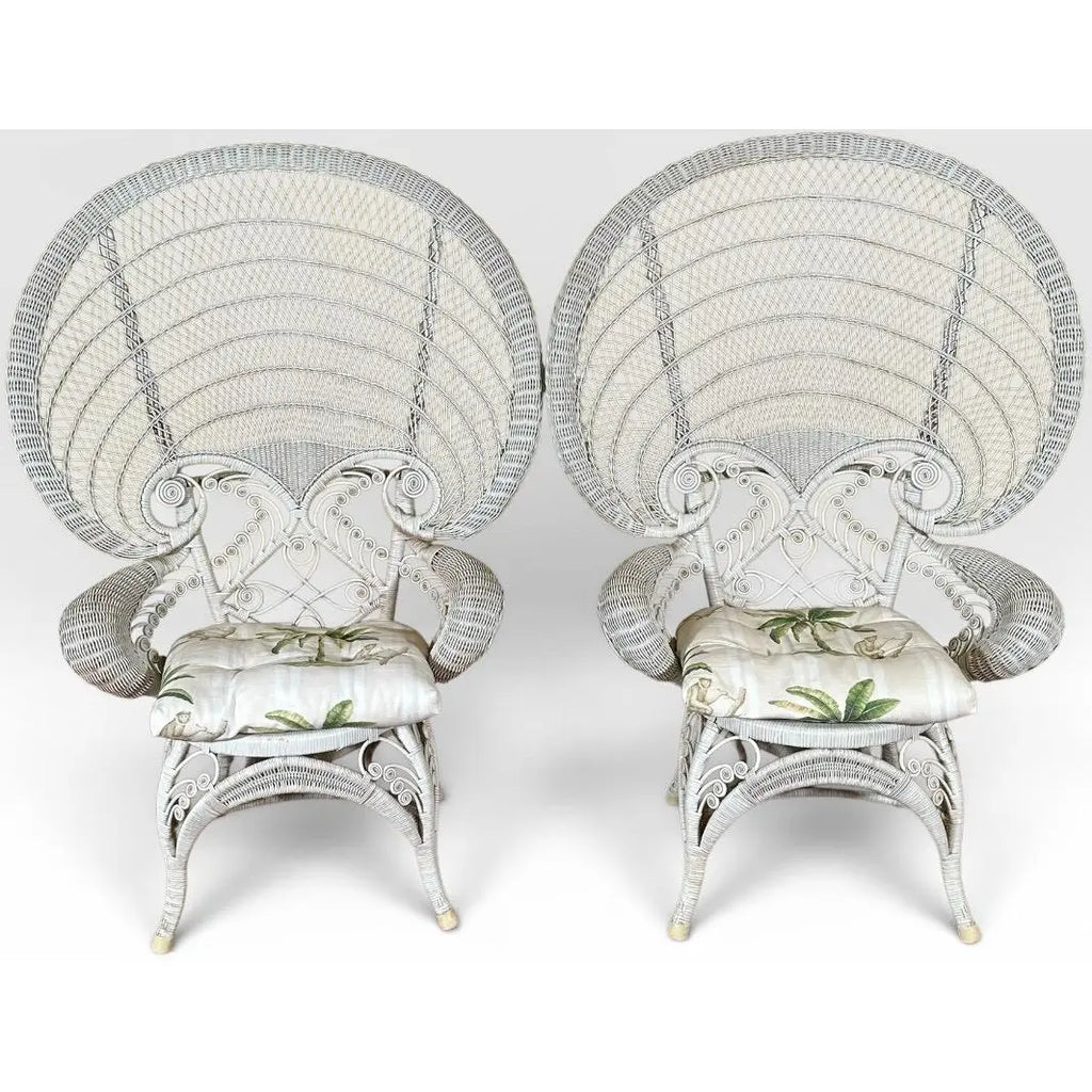 Vintage Boho Chic White Wicker Peacock Fan Back Chairs With Custom Cushions Pair