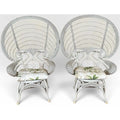 Vintage Boho Chic White Wicker Peacock Fan Back Chairs With Custom Cushions Pair