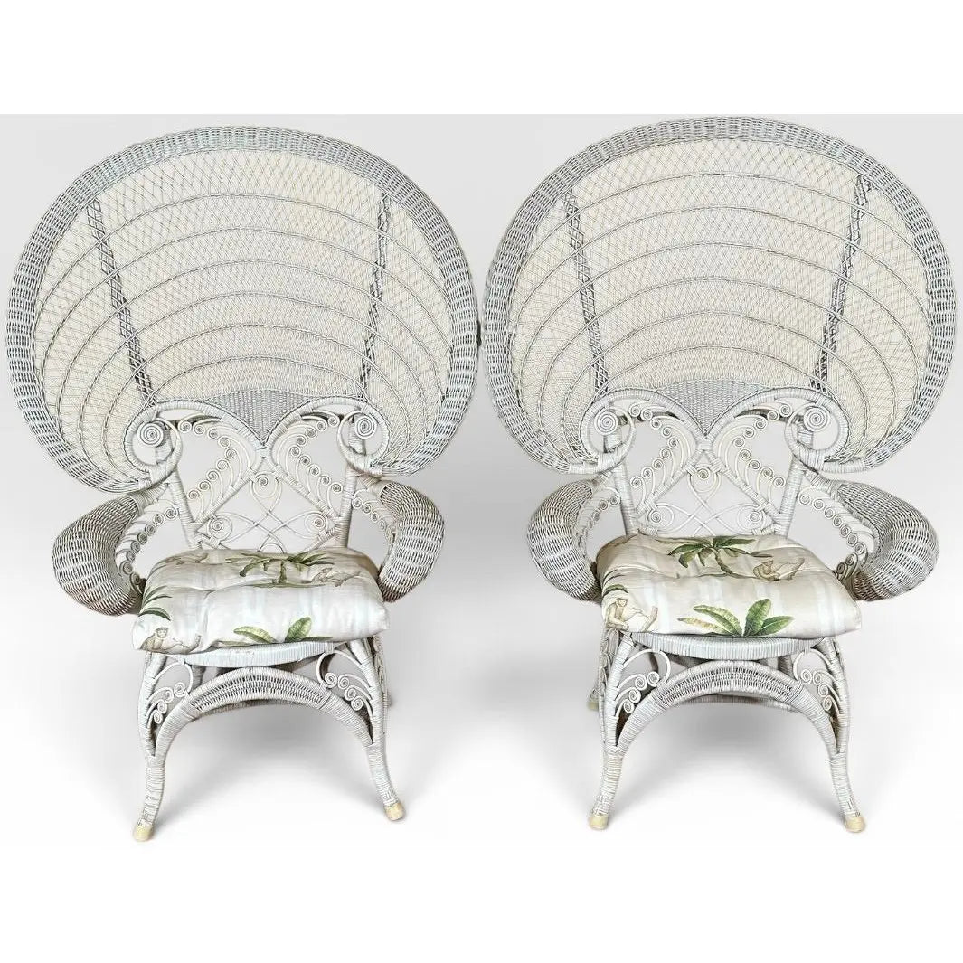 Vintage Boho Chic White Wicker Peacock Fan Back Chairs With Custom Cushions Pair