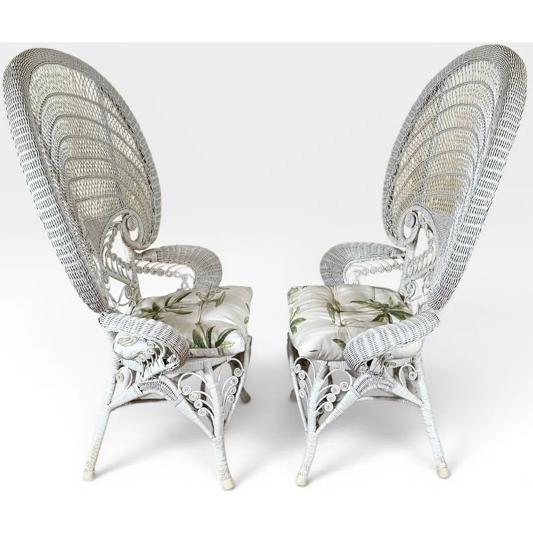 Vintage Boho Chic White Wicker Peacock Fan Back Chairs With Custom Cushions Pair