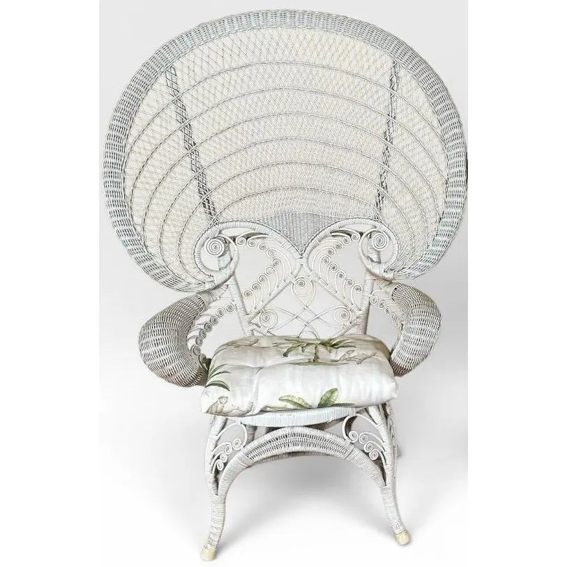 Vintage Boho Chic White Wicker Peacock Fan Back Chairs With Custom Cushions Pair