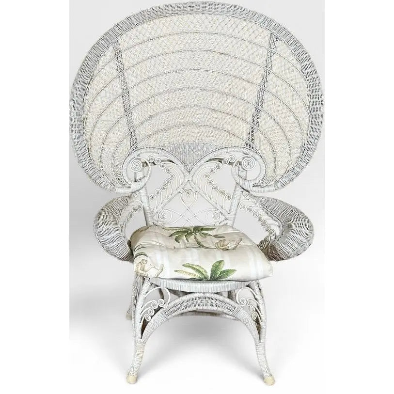 Vintage Boho Chic White Wicker Peacock Fan Back Chairs With Custom Cushions Pair