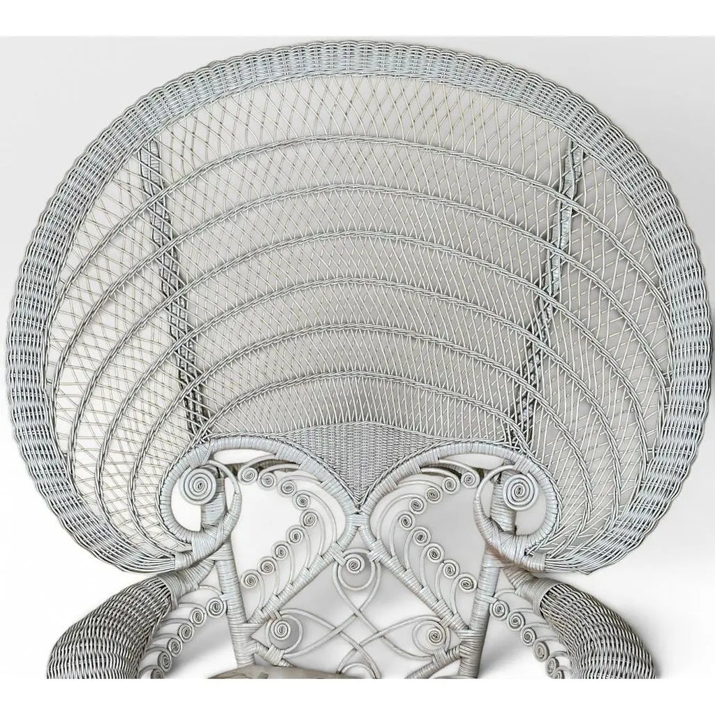 Vintage Boho Chic White Wicker Peacock Fan Back Chairs With Custom Cushions Pair