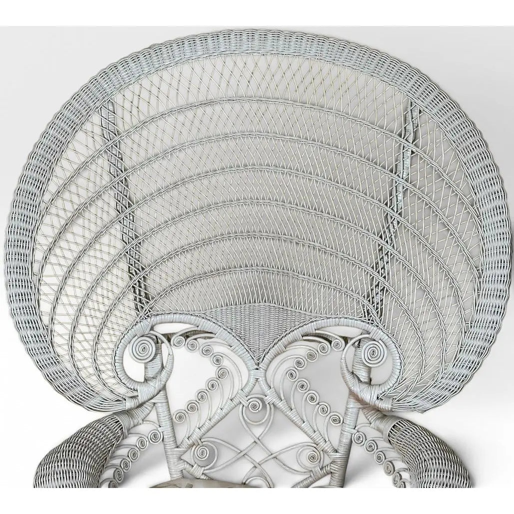 Vintage Boho Chic White Wicker Peacock Fan Back Chairs With Custom Cushions Pair
