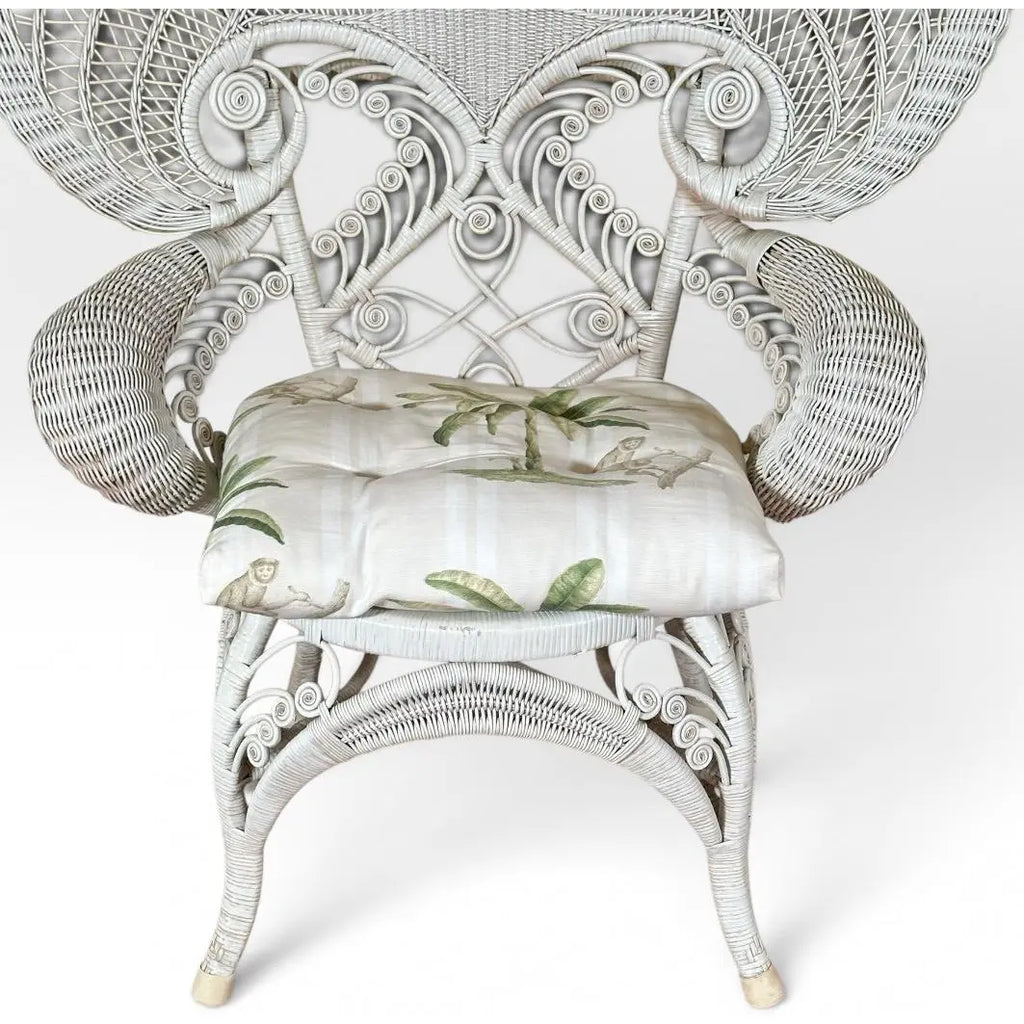 Vintage Boho Chic White Wicker Peacock Fan Back Chairs With Custom Cushions Pair