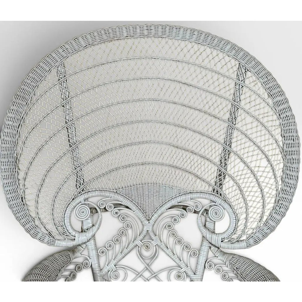 Vintage Boho Chic White Wicker Peacock Fan Back Chairs With Custom Cushions Pair