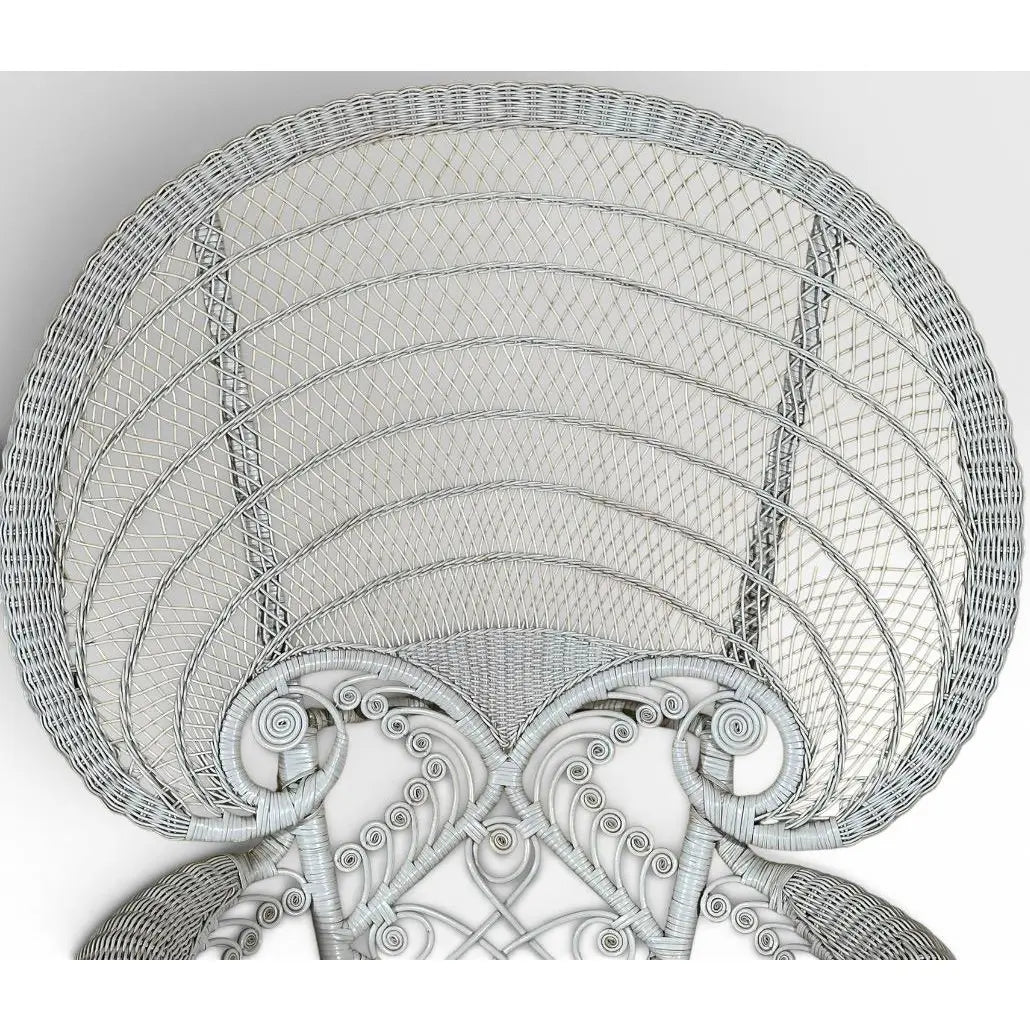 Vintage Boho Chic White Wicker Peacock Fan Back Chairs With Custom Cushions Pair