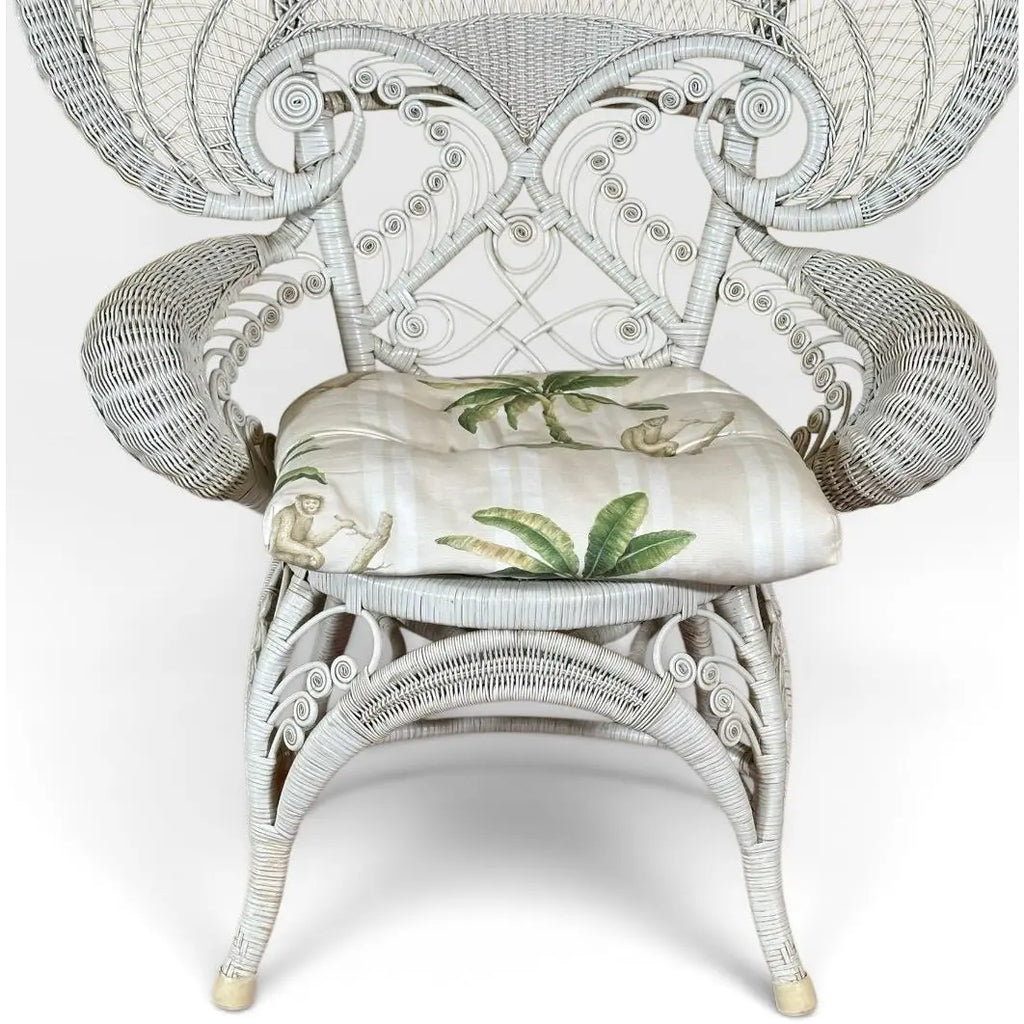 Vintage Boho Chic White Wicker Peacock Fan Back Chairs With Custom Cushions Pair