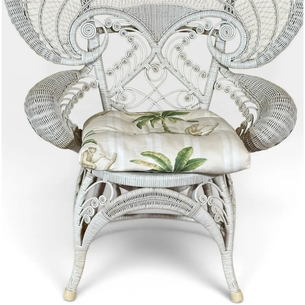 Vintage Boho Chic White Wicker Peacock Fan Back Chairs With Custom Cushions Pair