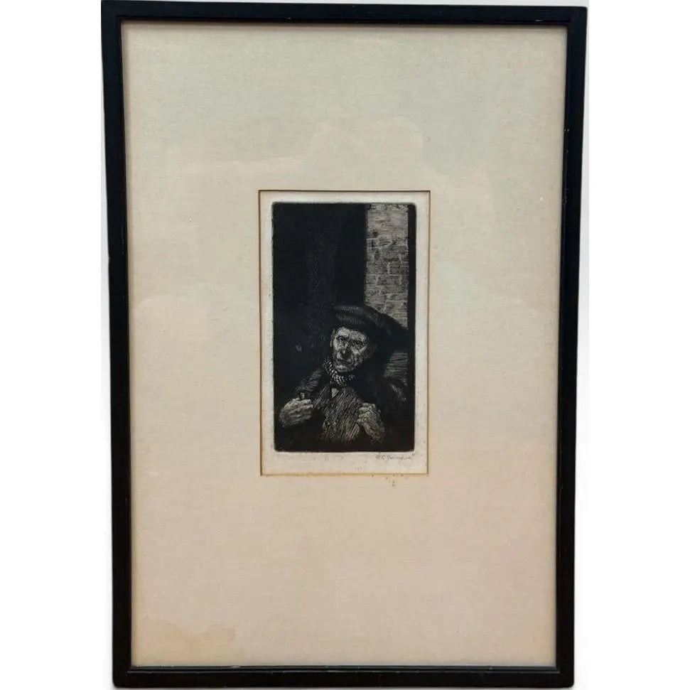 Antique 1914 Original Etching Character Study of a Man with Pipe by Gurnell Charles Jennis
