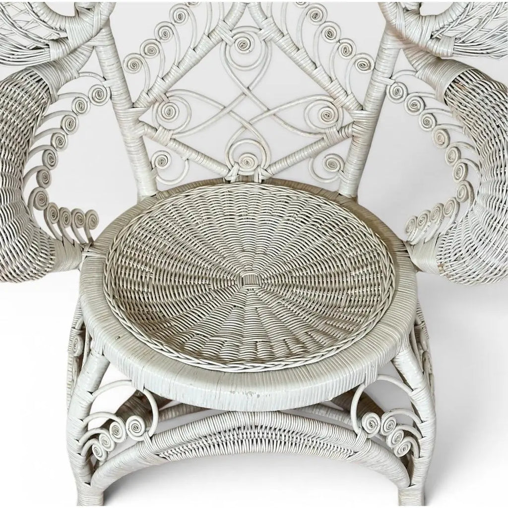 Vintage Boho Chic White Wicker Peacock Fan Back Chairs With Custom Cushions Pair