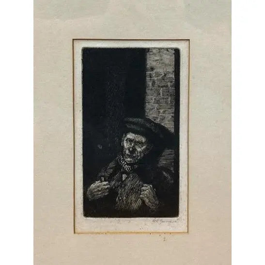 Antique 1914 Original Etching Character Study of a Man with Pipe by Gurnell Charles Jennis