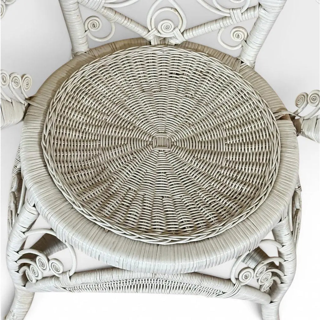 Vintage Boho Chic White Wicker Peacock Fan Back Chairs With Custom Cushions Pair
