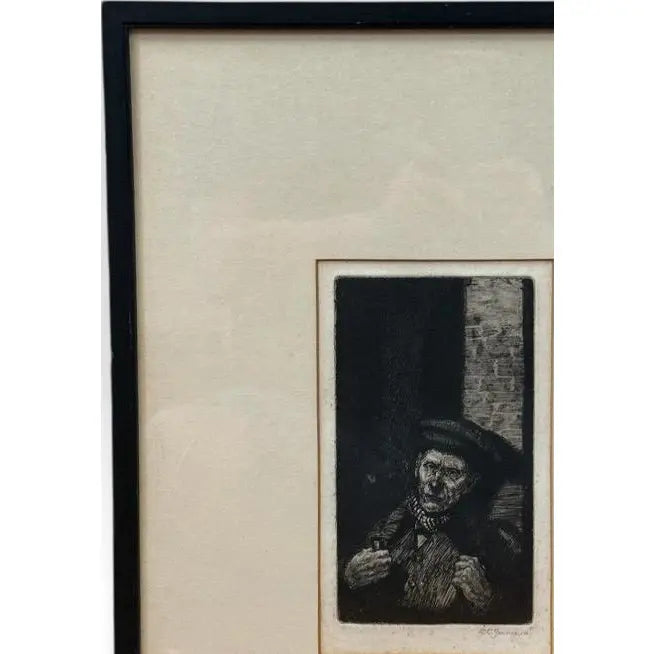 Antique 1914 Original Etching Character Study of a Man with Pipe by Gurnell Charles Jennis