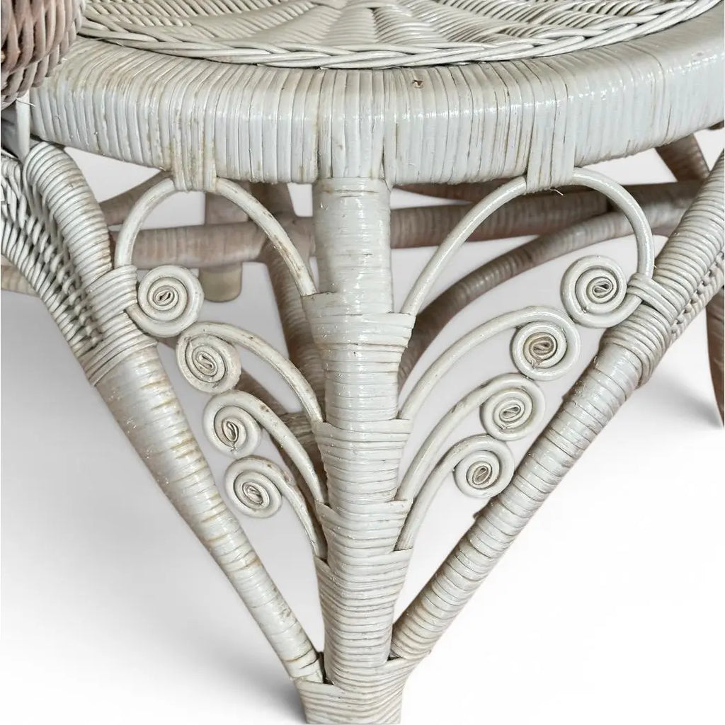 Vintage Boho Chic White Wicker Peacock Fan Back Chairs With Custom Cushions Pair