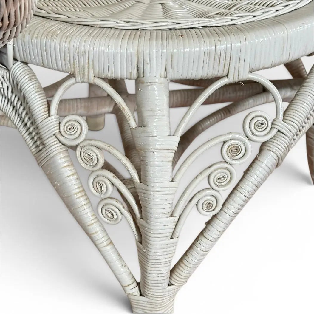 Vintage Boho Chic White Wicker Peacock Fan Back Chairs With Custom Cushions Pair