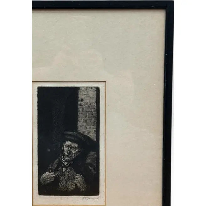 Antique 1914 Original Etching Character Study of a Man with Pipe by Gurnell Charles Jennis