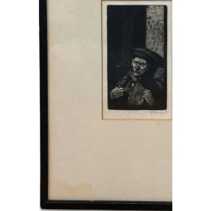Antique 1914 Original Etching Character Study of a Man with Pipe by Gurnell Charles Jennis