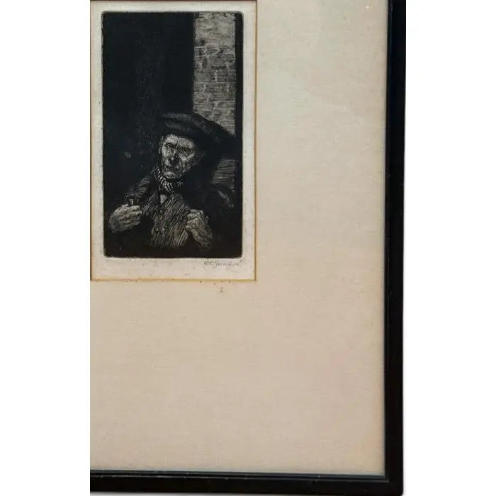 Antique 1914 Original Etching Character Study of a Man with Pipe by Gurnell Charles Jennis