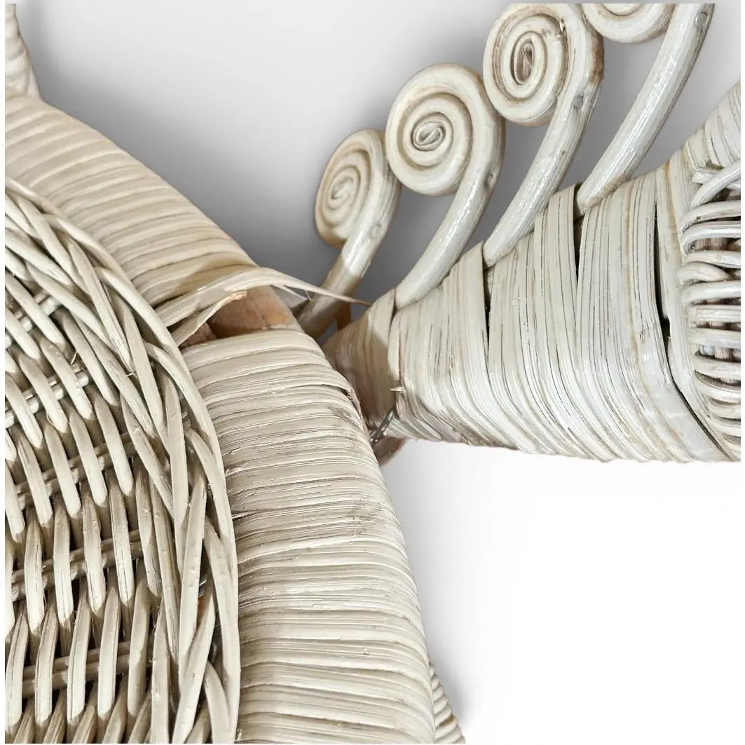 Vintage Boho Chic White Wicker Peacock Fan Back Chairs With Custom Cushions Pair