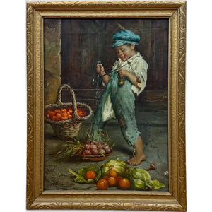 Antique 19th Century Italian Oil Painting by Adolfo Dumini, Boy Weighing Vegetables in Ornate Gold Frame