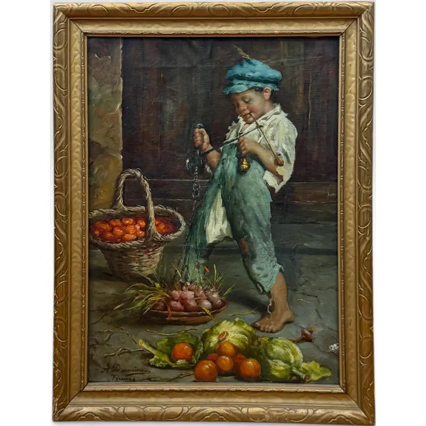Antique 19th Century Italian Oil Painting by Adolfo Dumini, Boy Weighing Vegetables in Ornate Gold Frame