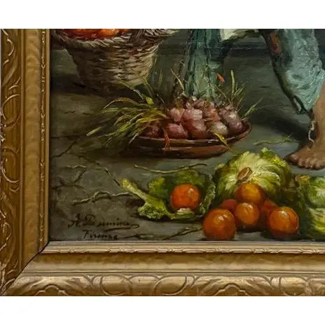 Antique 19th Century Italian Oil Painting by Adolfo Dumini, Boy Weighing Vegetables in Ornate Gold Frame
