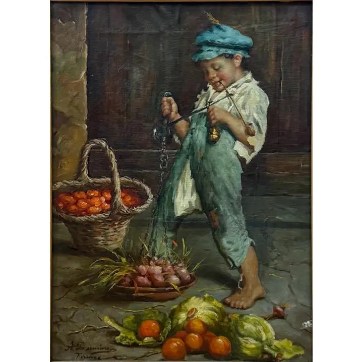 Antique 19th Century Italian Oil Painting by Adolfo Dumini, Boy Weighing Vegetables in Ornate Gold Frame