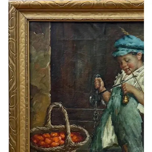 Antique 19th Century Italian Oil Painting by Adolfo Dumini, Boy Weighing Vegetables in Ornate Gold Frame