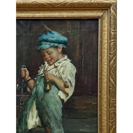 Antique 19th Century Italian Oil Painting by Adolfo Dumini, Boy Weighing Vegetables in Ornate Gold Frame