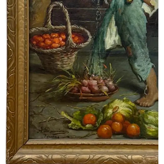 Antique 19th Century Italian Oil Painting by Adolfo Dumini, Boy Weighing Vegetables in Ornate Gold Frame