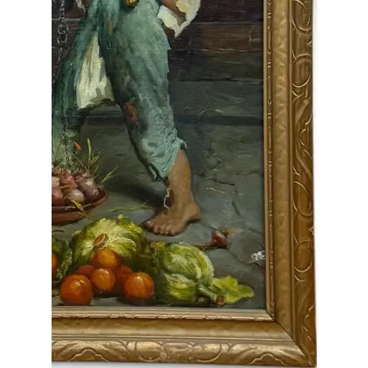 Antique 19th Century Italian Oil Painting by Adolfo Dumini, Boy Weighing Vegetables in Ornate Gold Frame