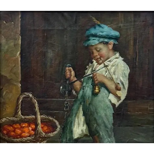 Antique 19th Century Italian Oil Painting by Adolfo Dumini, Boy Weighing Vegetables in Ornate Gold Frame