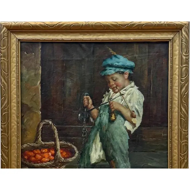 Antique 19th Century Italian Oil Painting by Adolfo Dumini, Boy Weighing Vegetables in Ornate Gold Frame