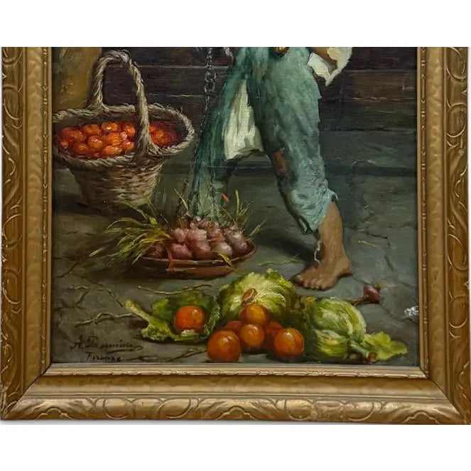 Antique 19th Century Italian Oil Painting by Adolfo Dumini, Boy Weighing Vegetables in Ornate Gold Frame