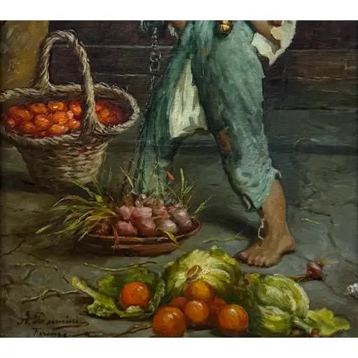 Antique 19th Century Italian Oil Painting by Adolfo Dumini, Boy Weighing Vegetables in Ornate Gold Frame