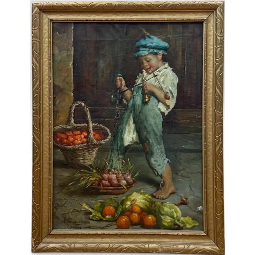 Antique 19th Century Italian Oil Painting by Adolfo Dumini, Boy Weighing Vegetables in Ornate Gold Frame