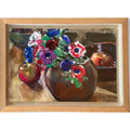 Modernist Floral Still Life Watercolor Anemones and Apples by Evangeline Smedley in Custom Shadow Box Frame 1986