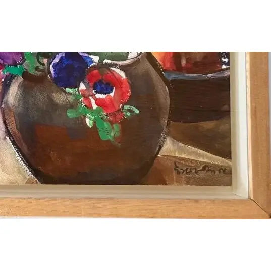 Modernist Floral Still Life Watercolor Anemones and Apples by Evangeline Smedley in Custom Shadow Box Frame 1986