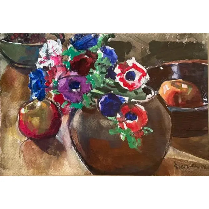 Modernist Floral Still Life Watercolor Anemones and Apples by Evangeline Smedley in Custom Shadow Box Frame 1986