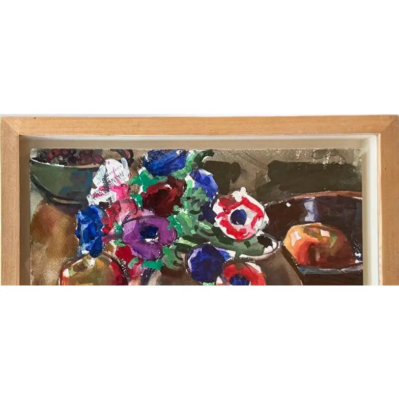 Modernist Floral Still Life Watercolor Anemones and Apples by Evangeline Smedley in Custom Shadow Box Frame 1986
